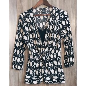 Bay Studio Career Womens XL Blouse 3/4 Sleeve V-Neck Pullover Blk/Wht 80's Look